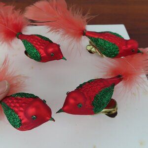 Vintage Christmas Red and Green Glass Bird Ornaments with Feather